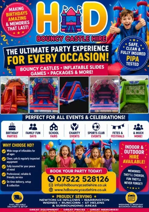 HD Bouncy Castle Hire Your premier destination for bouncy castle and inflatable games in Newton-Le-Willows, Widnes, Runcorn, Warrington, St Helens and surrounding areas