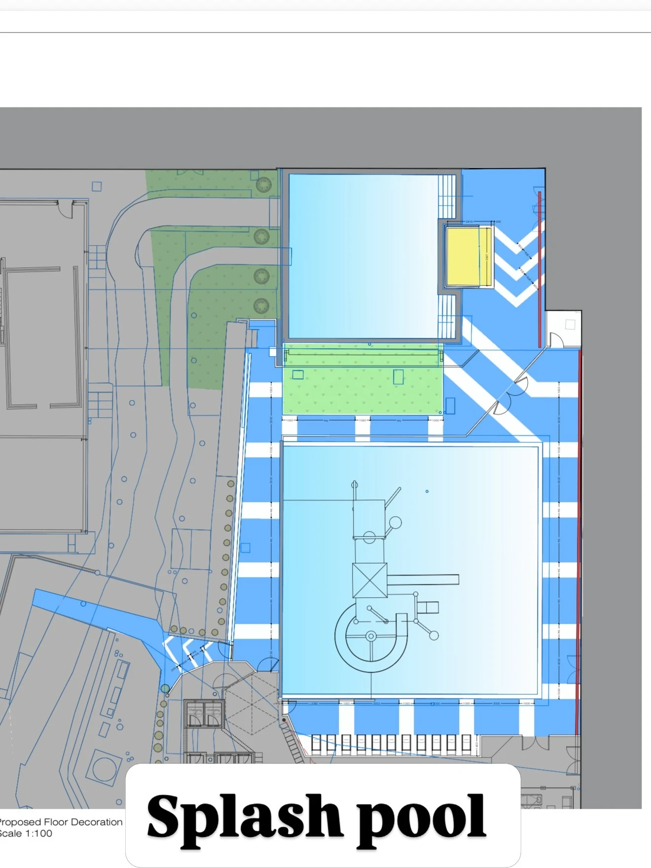 Architectural floor plan showing a modern splash pool with surrounding pathways and landscaped areas.