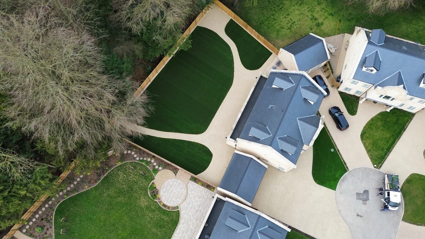 finished drone footage of Firbeck Hall house, with Resin Bound driveway, patio, pathways and artificial grass 