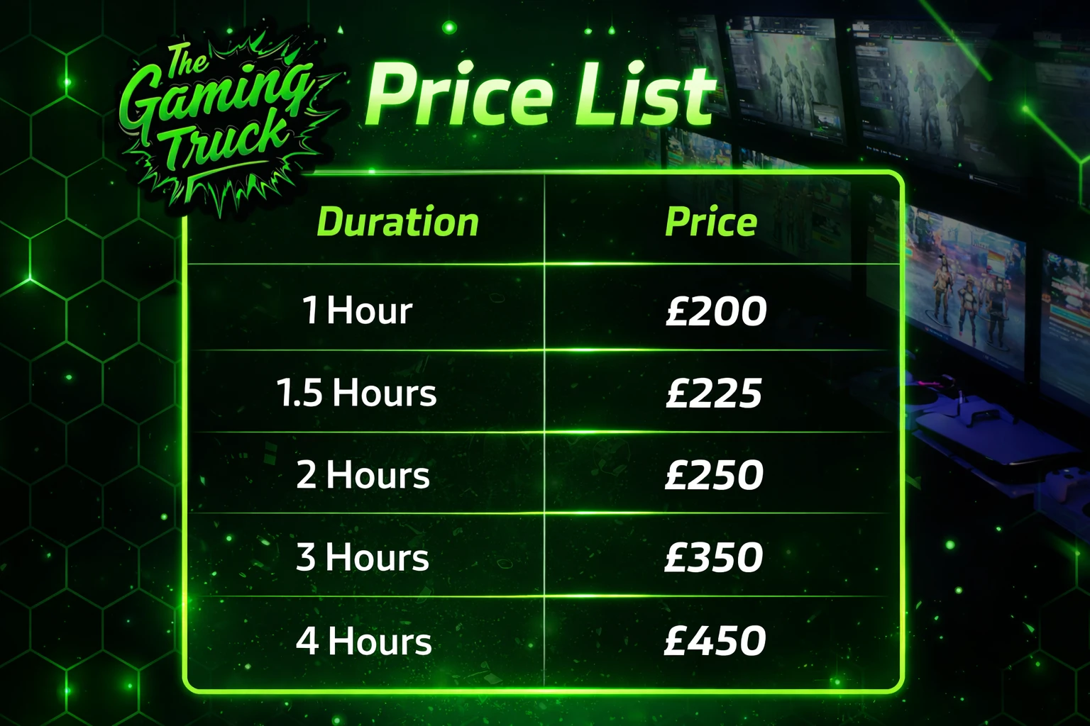 The Gaming Truck Price List