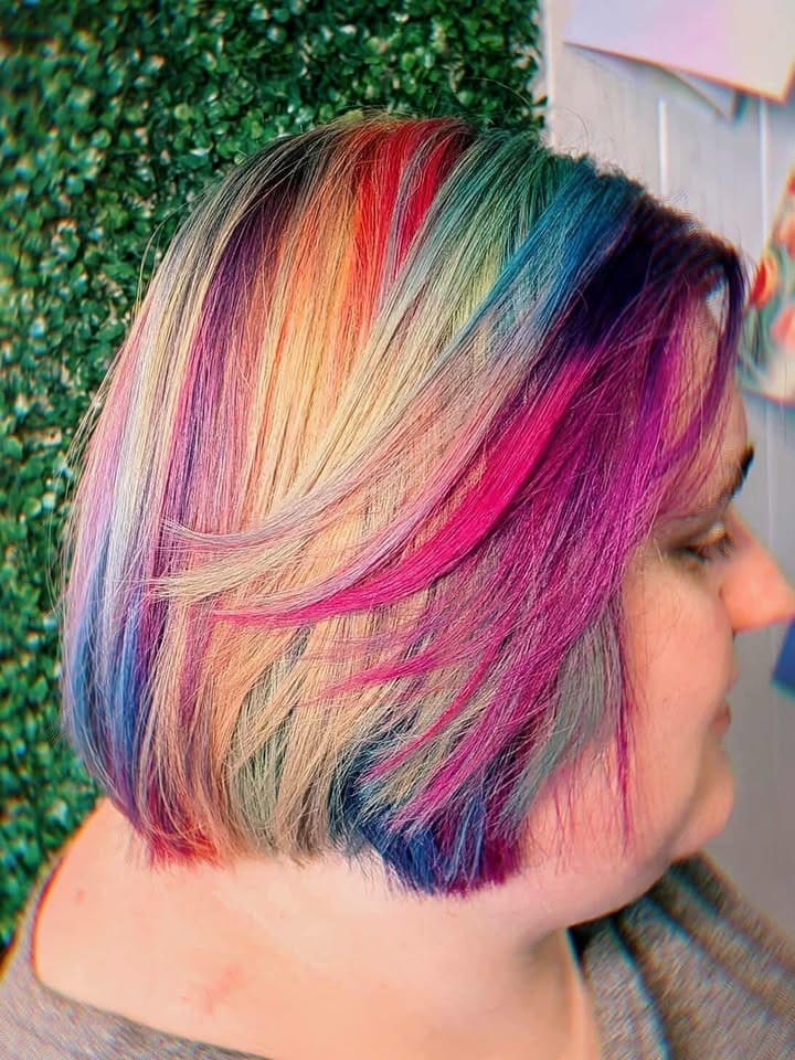 rainbow, hair, emo, goth, alt hair, alternative hairdresser