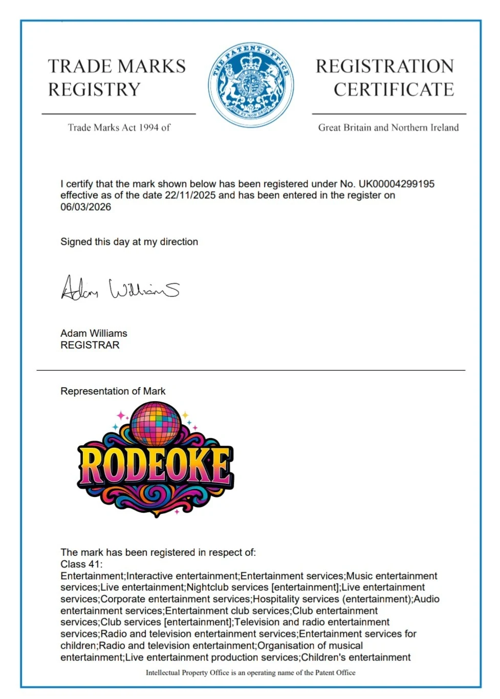 Trademark certificate 