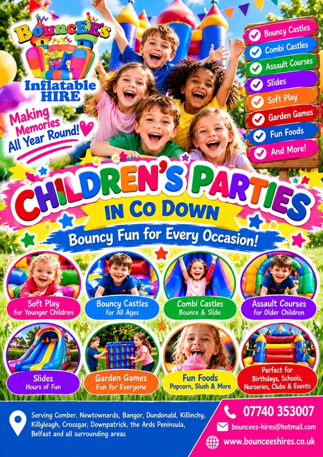 BouncEE's Inflatable Hires Bouncy Castle Hire, Soft Play Hire, Assault Course Hire, Co Down, Northern Ireland Serving Comber, Newtownards, Bangor, Dundonald, Killinchy, Killyleagh, Crossgar, Downpatrick, the Ards Peninsula and Belfast and all surrounding areas