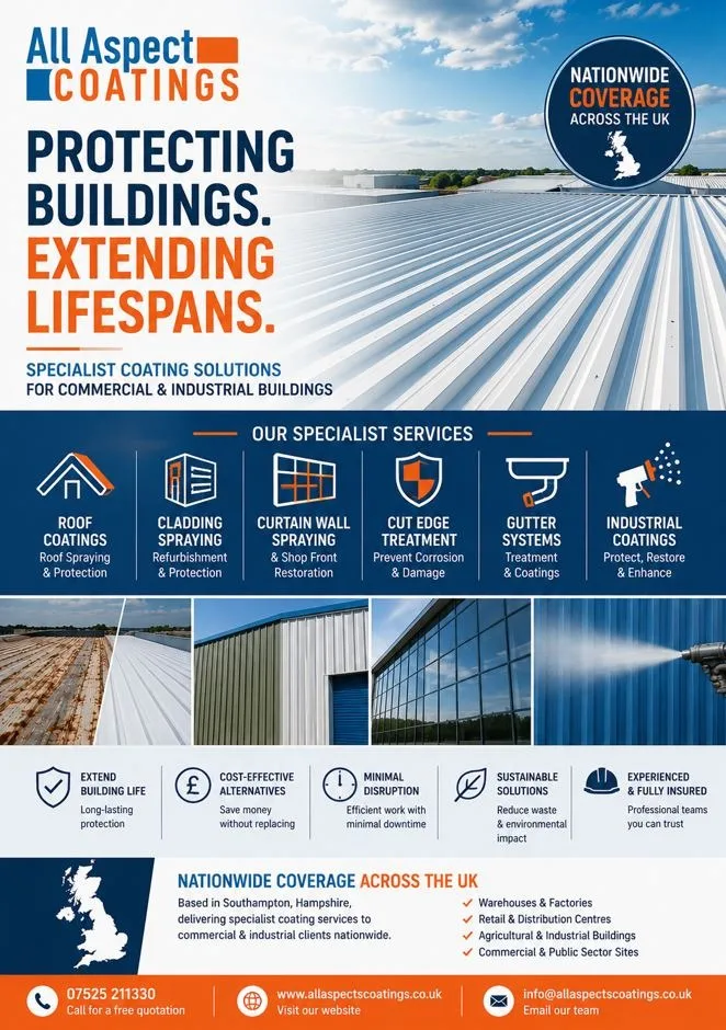 Roof spraying, Cladding Spraying, Cut edge corrosion treatment, Curtain walling spraying, Gutter systems
