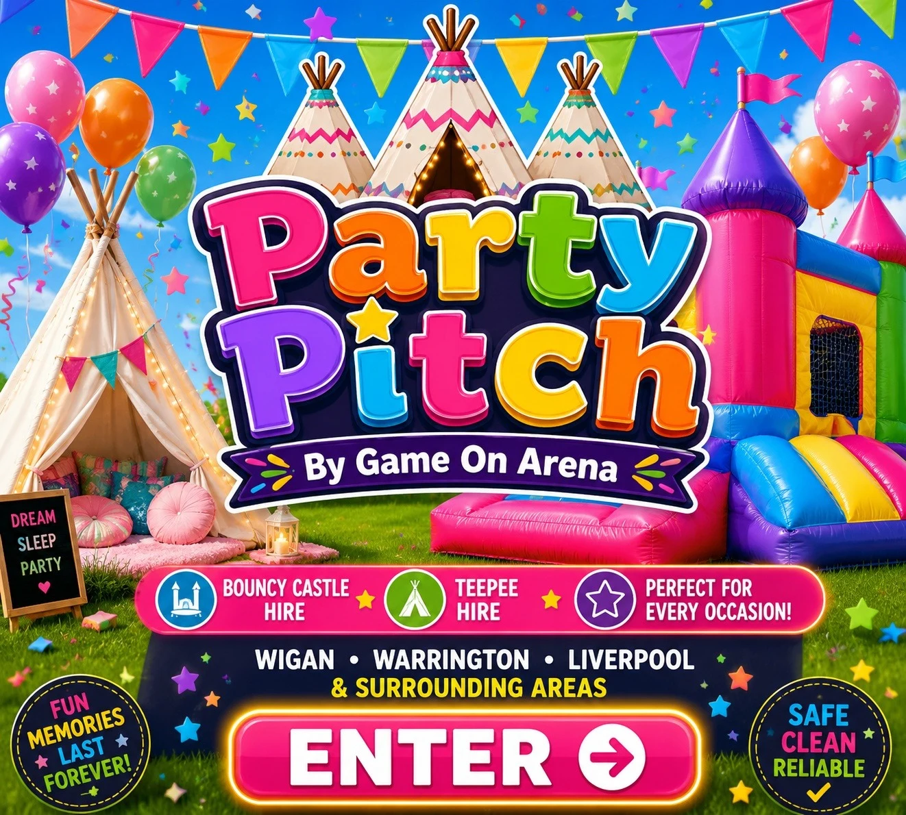 Game on Arena and Party Pitch Game Arena Hire, Bouncy Castle Hire and TeePee Hire, Wigan, Warrington, Liverpool and Surrounding Areas Game on Arena and Party Pitch Game Arena Hire, Bouncy Castle Hire and TeePee Hire, Wigan, Warrington, Liverpool and Surrounding Areas