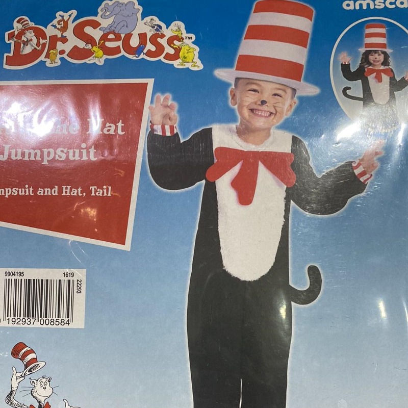 Cat In The Hat Jumpsuit, Hat And Tail Kids Fancy Dress Costume Fancy