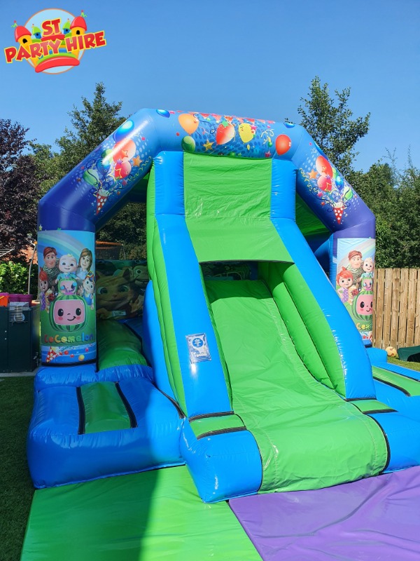 Front Slide Bouncy Castle Combi Green Blue Coco Theme ST Party Hire