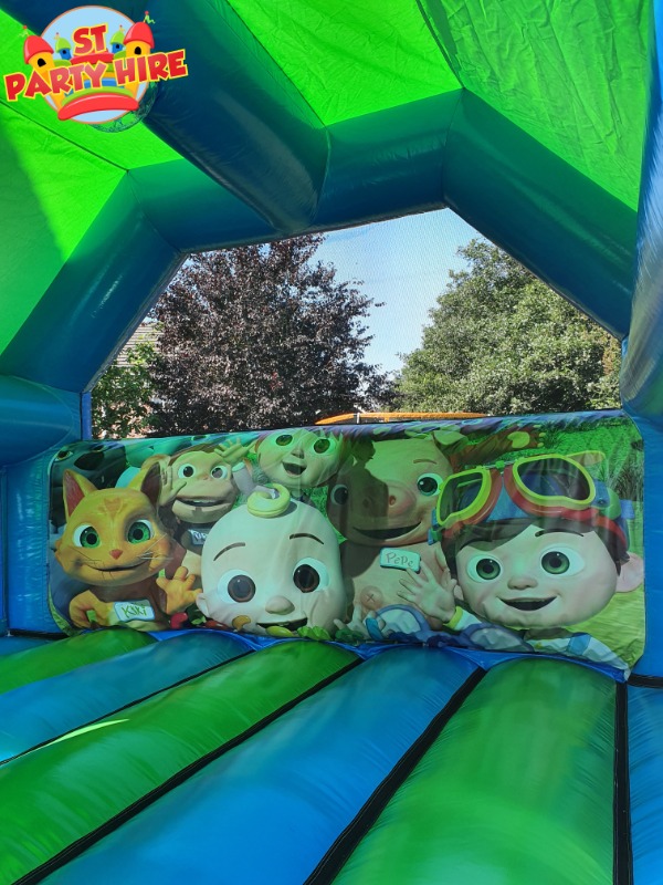 Front Slide Bouncy Castle Combi Green Blue Coco Theme ST Party Hire