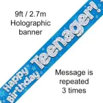 Blue Happy Birthday Teenager 9ft/2.7m Holographic Banner