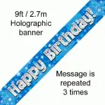 Blue Happy Birthday 9ft/2.7m Holographic Banner