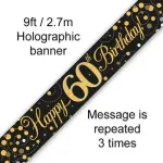 Sparkling Fizz Numbered Birthday Black & Gold 9ft/2.7m Holographic Banner