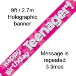 Pink Happy Birthday Teenager 9ft/2.7m Holographic Banner