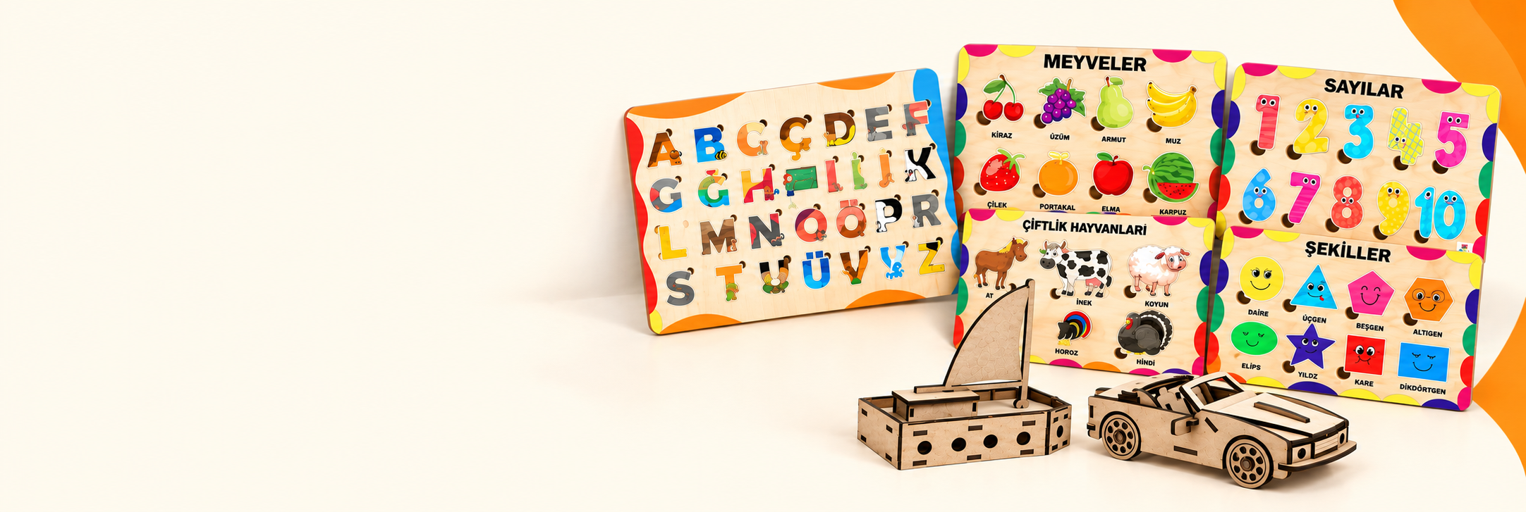 Renkli ahşap puzzle'lar, yelkenli ve spor araba maketleri