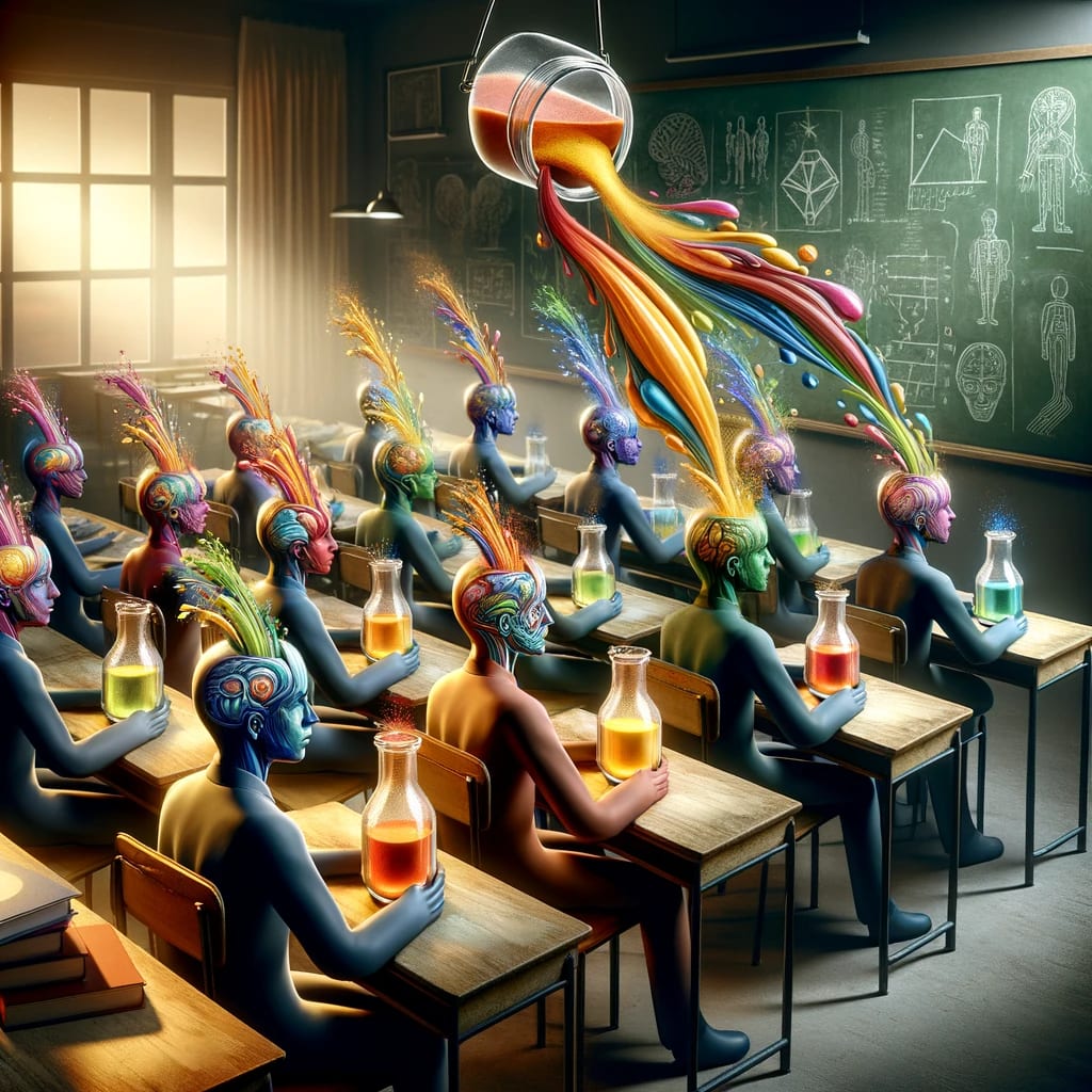 ai generated image depicting the surreal concept of humans represented as glass jars being filled with knowledge