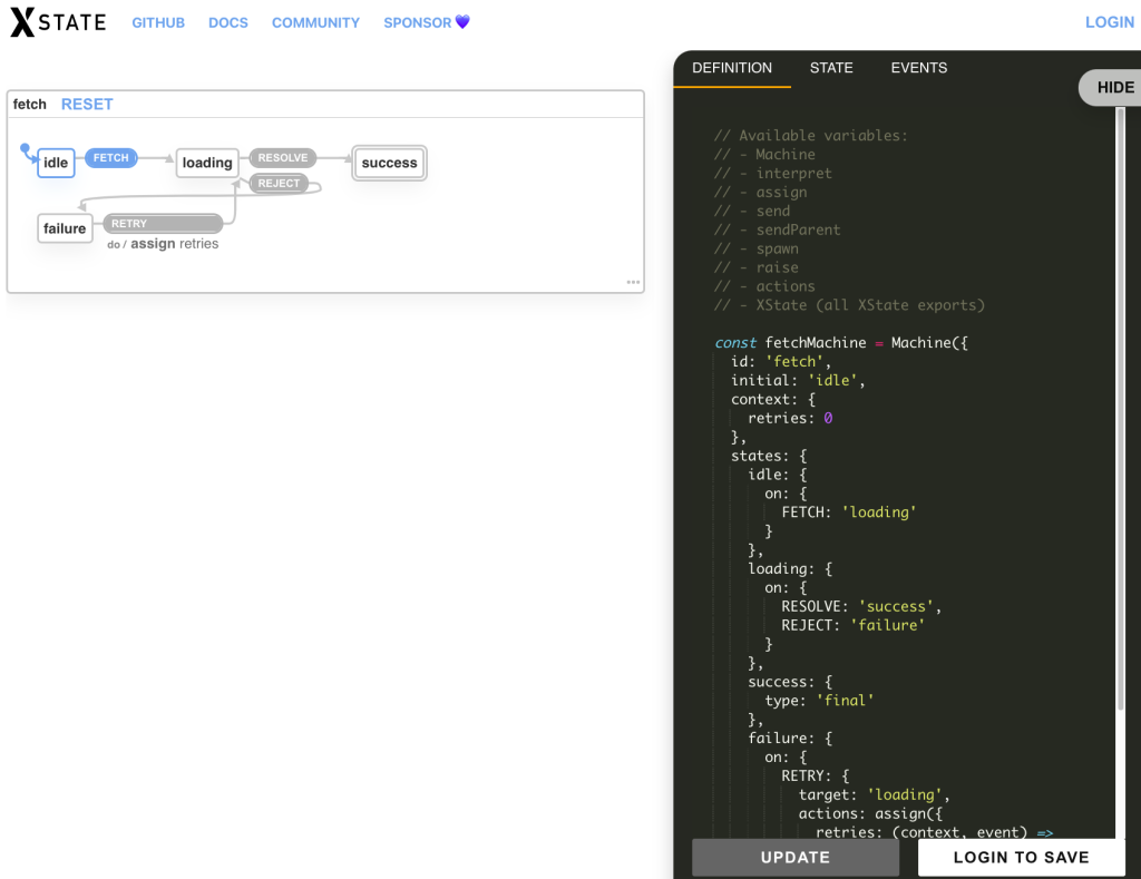A screenshot of the XState visualiser. It shows the visualisation of the machine on the left and the definition on the right.