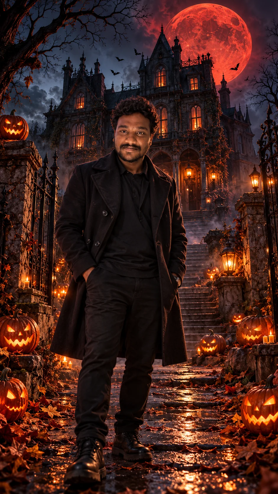 Haunted Victorian Mansion Halloween Photo Prompt | Red Moon & Pumpkin Night (2)