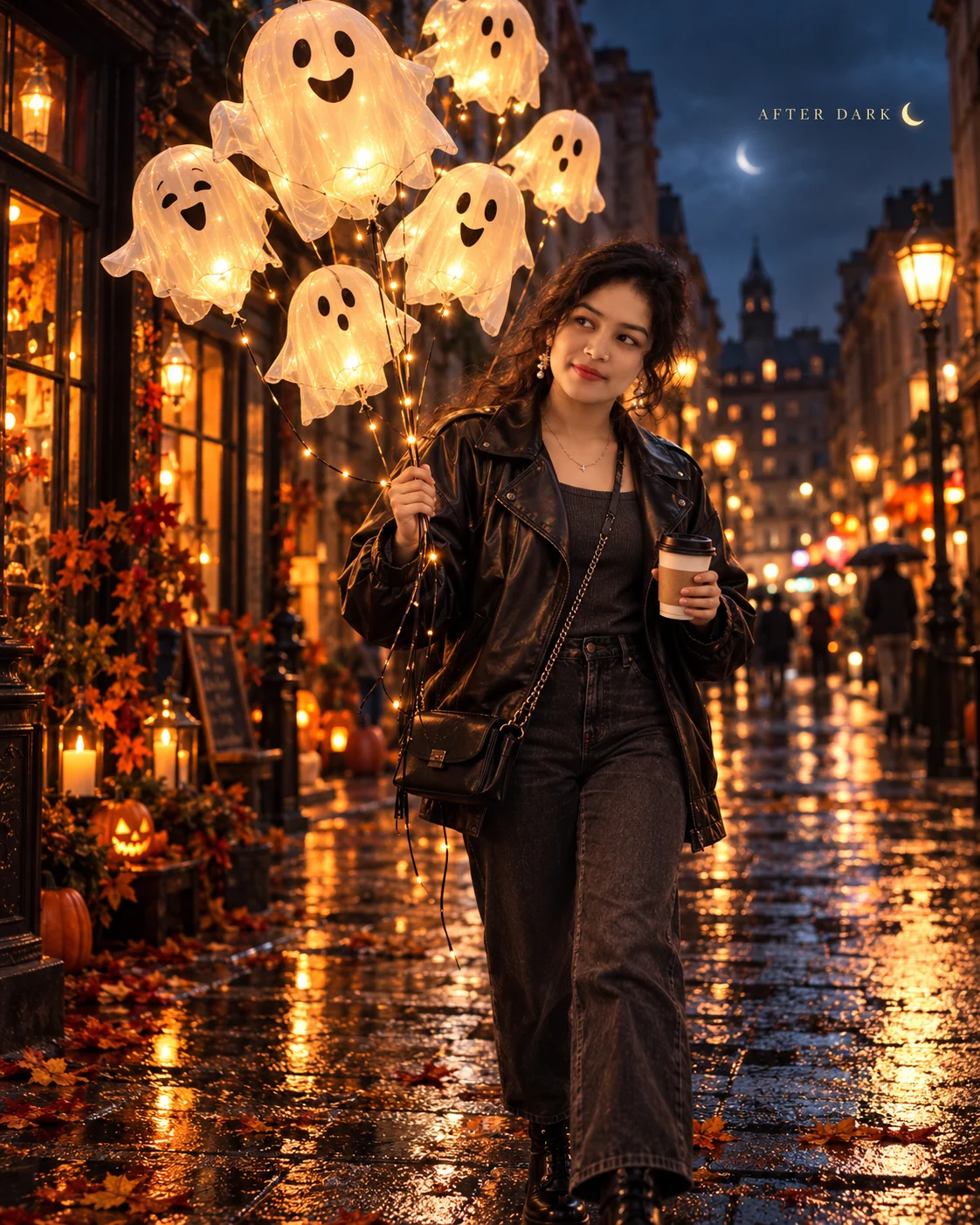 Glowing Ghost Balloons Street Style AI Photo Prompt | Viral Ghost Balloon Halloween AI Photo Edit (2)