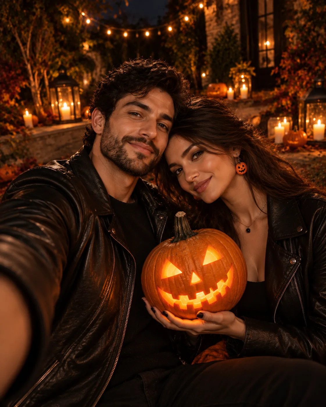 Glowing Pumpkin Halloween Selfie AI Photo Editing Prompt | Black Leather Jacket Autumn Halloween Portrait Prompt (2)