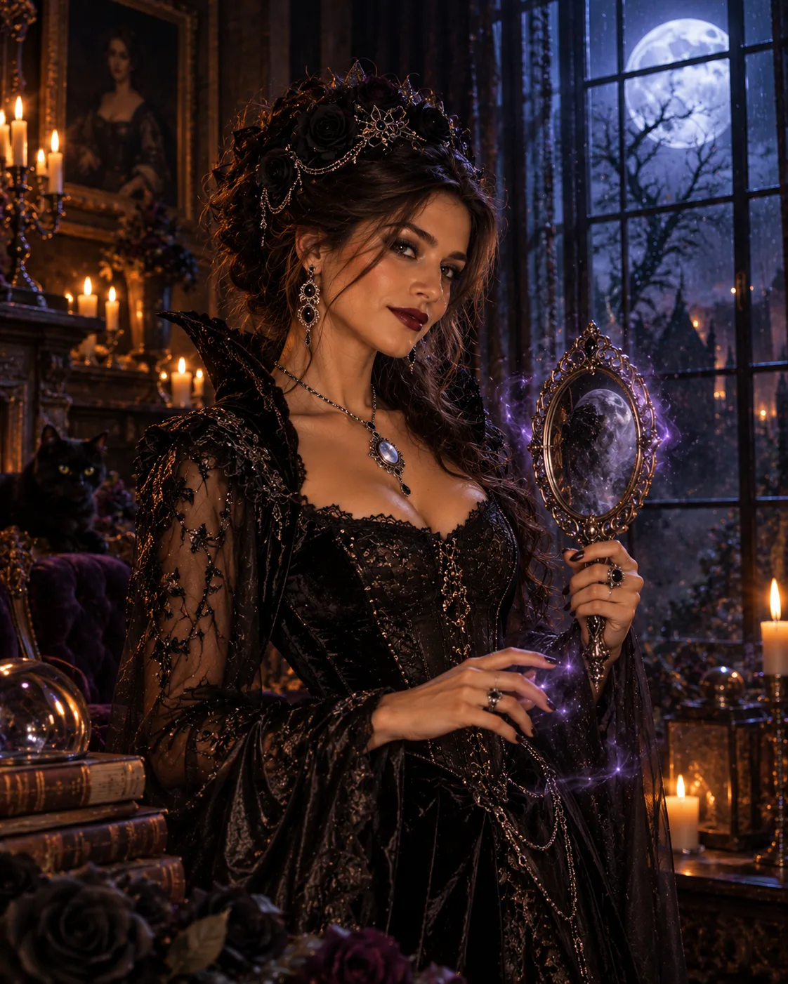 Victorian Witch Moonlight Fantasy Portrait Prompt | Dark Sorceress Gothic Mansion AI Photo Editing Prompt (2)