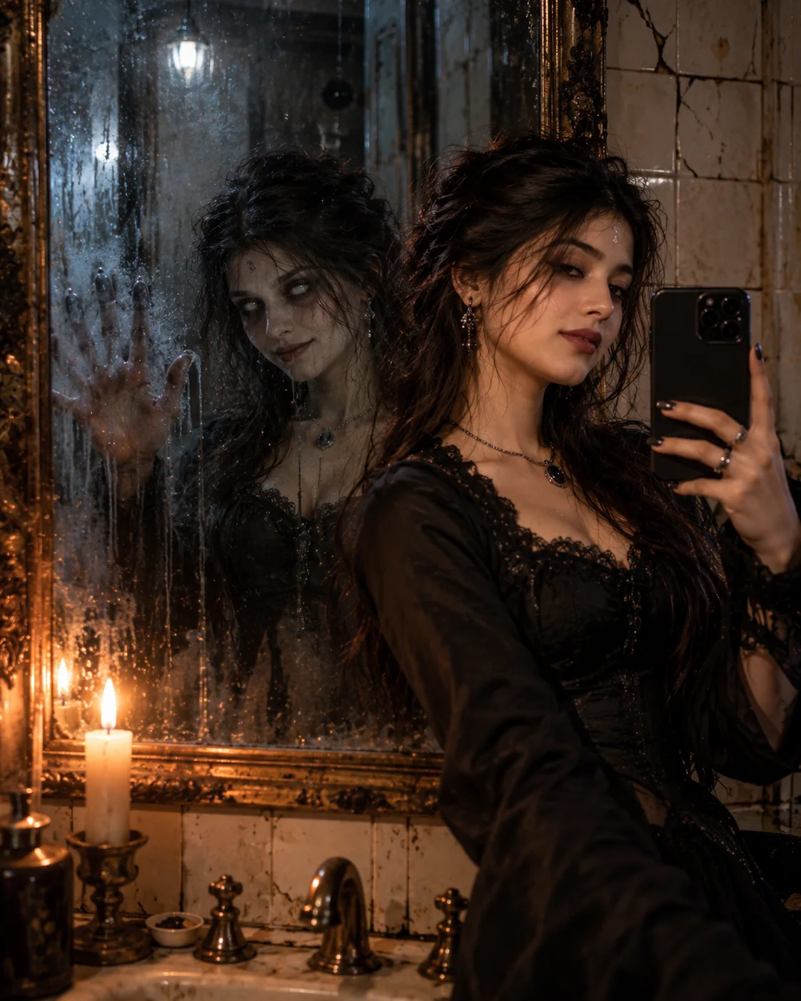 Haunted Mirror Selfie Horror AI Photo Prompt | Paranormal Reflection Gothic Bathroom Photo Editing Prompt (3)