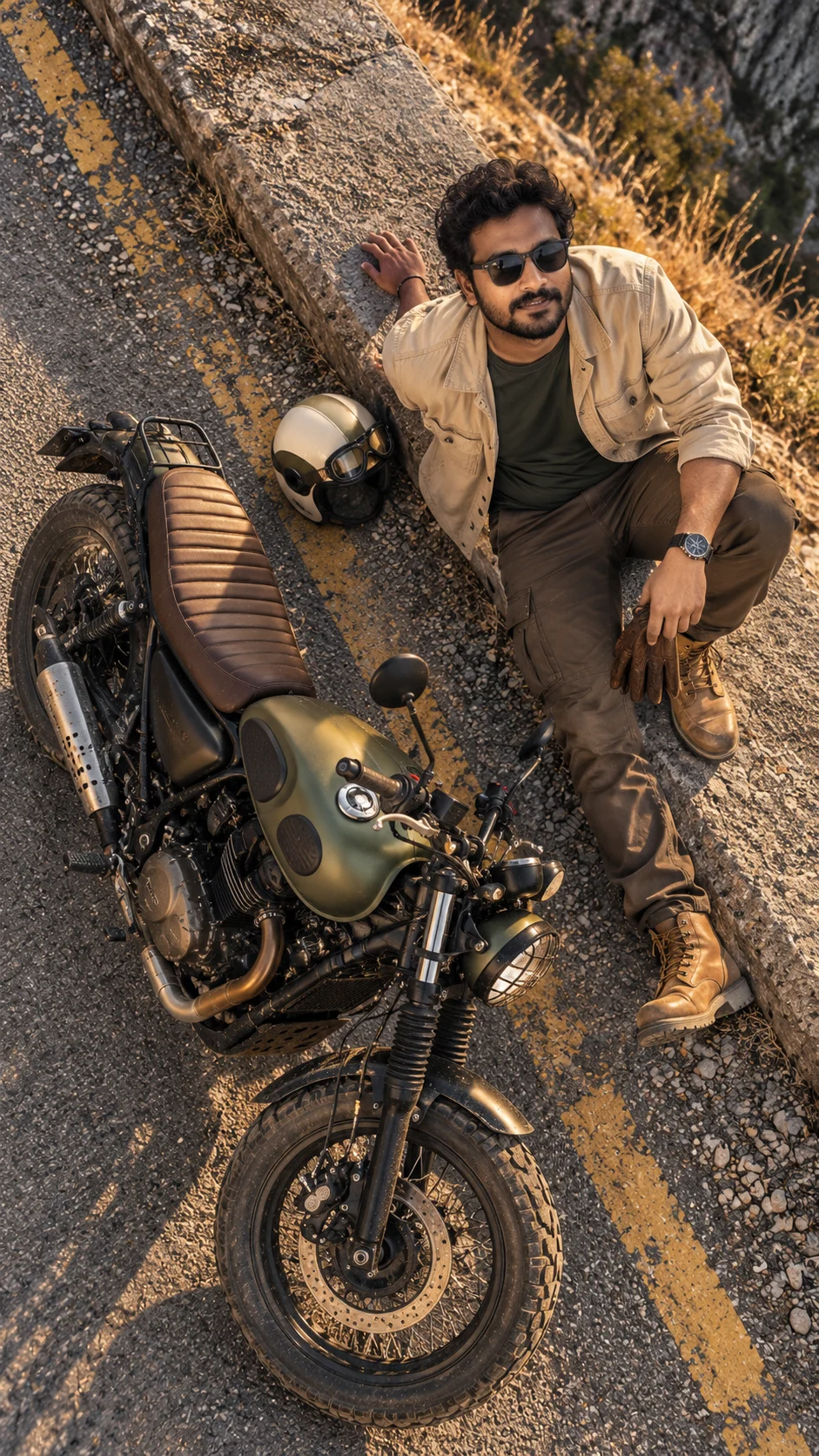 Olive Green Scrambler Bike Rider Aesthetic Photography Prompt (2)