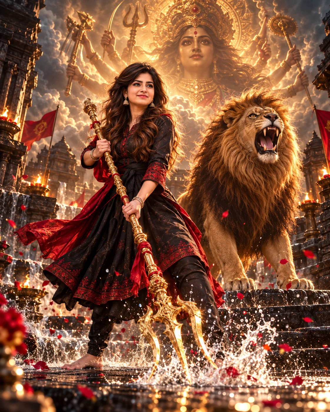Maa Durga Lion Trishul Devotional Poster Photo Editing Prompt (2)