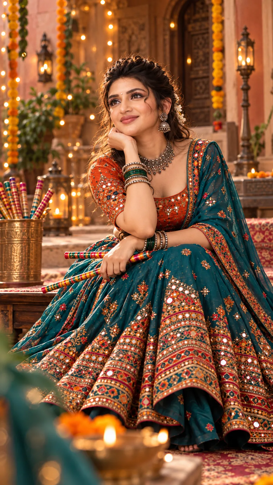 Traditional Navratri Dandiya Girl Portrait AI Photo Prompt | Chaniya Choli Navratri AI Photo Editing Prompt (2)