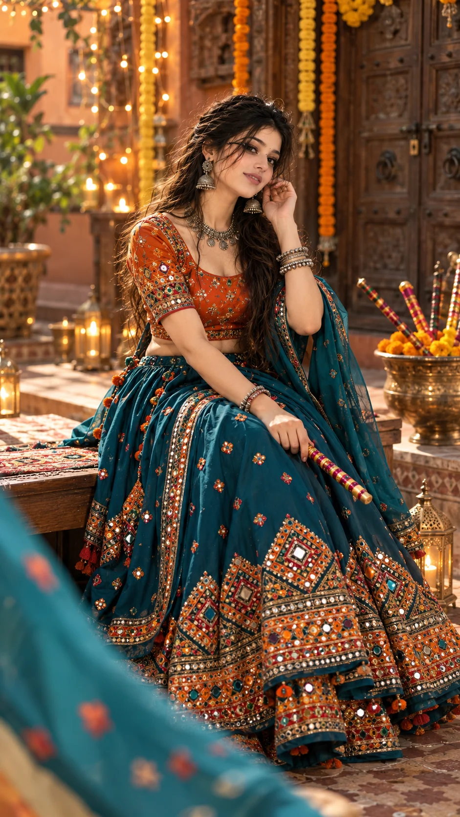 Traditional Navratri Dandiya Girl Portrait AI Photo Prompt | Chaniya Choli Navratri AI Photo Editing Prompt (3)
