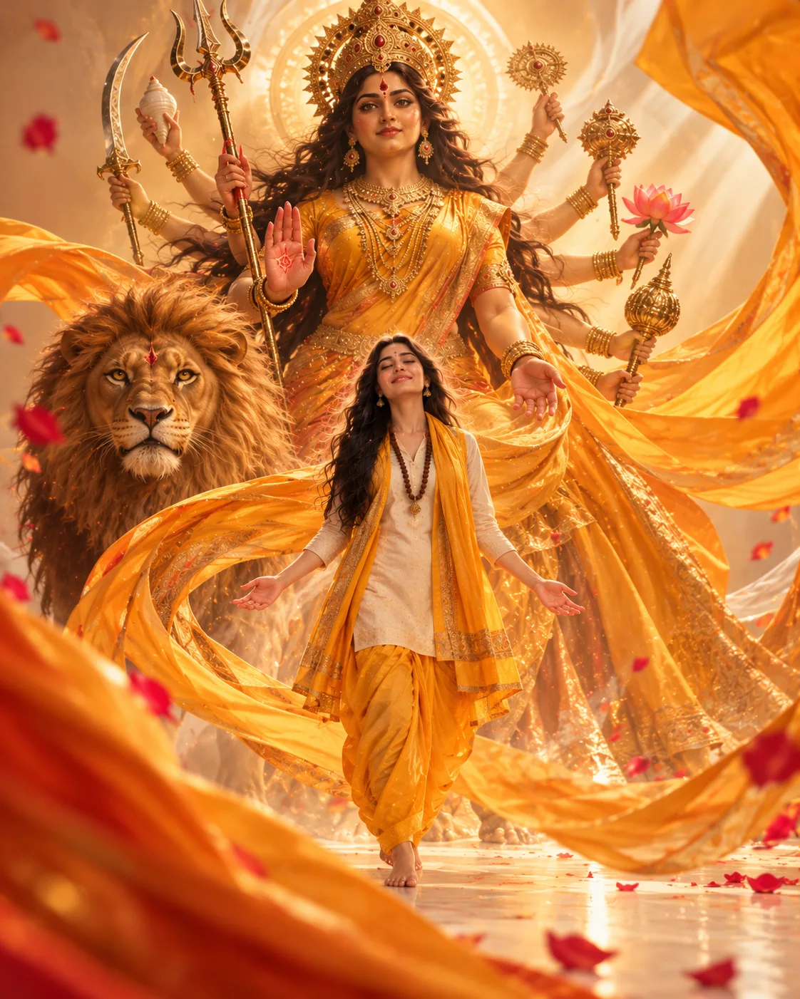 Maa Durga Blessings with Lion Saffron Attire AI Portrait Prompt | Maa Durga Deeksha AI Photo Editing Prompt (2)