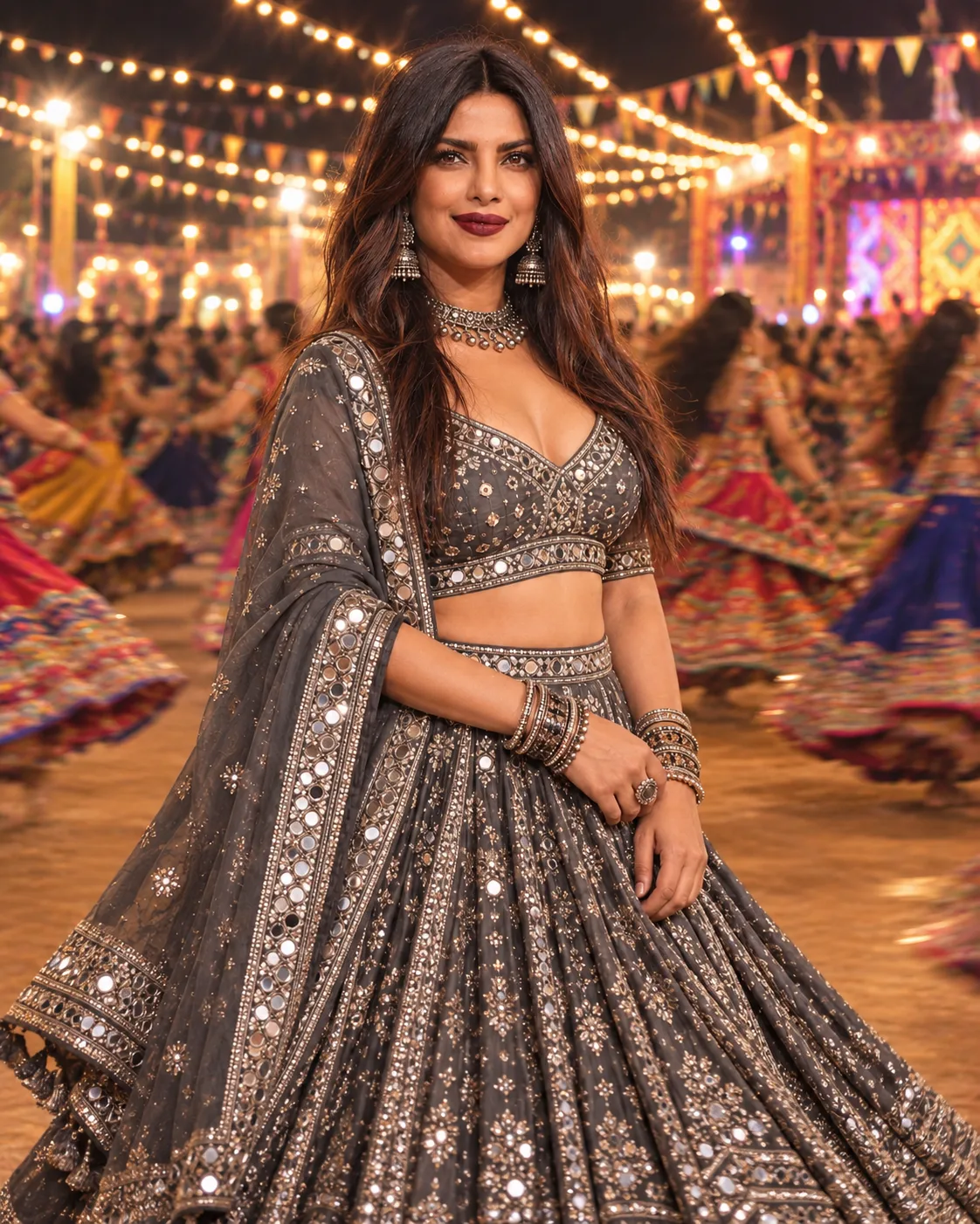 Grey Silver Gujarati Chaniya Choli Navratri AI Photo Editing Prompt (2)
