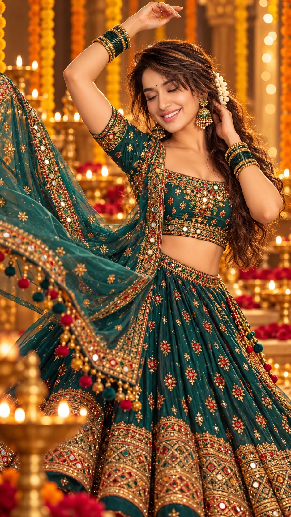 Peacock Teal Green Lehenga Navratri AI Photo Editing Prompt | 9th Day of Navratri (2)