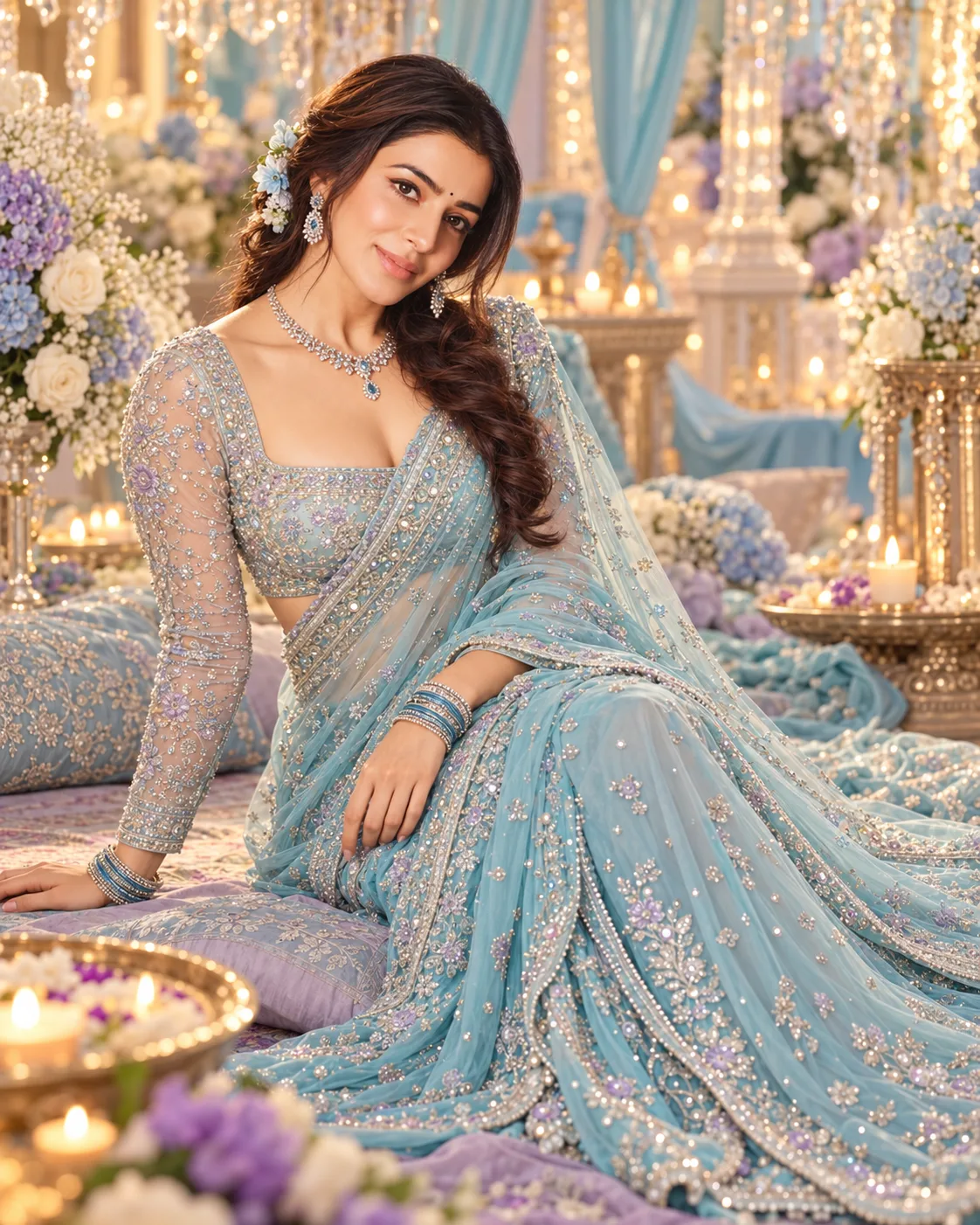 Aqua Blue Saree AI Photo Editing Prompt | Luxury Ethnic Fashion (2)