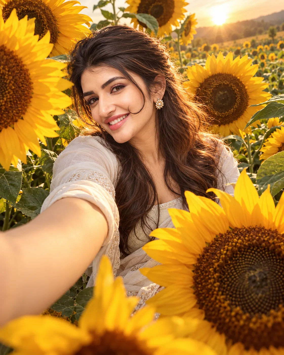Sunflower Field Selfie AI Photo Editing Prompt | Golden Hour Portrait (2)