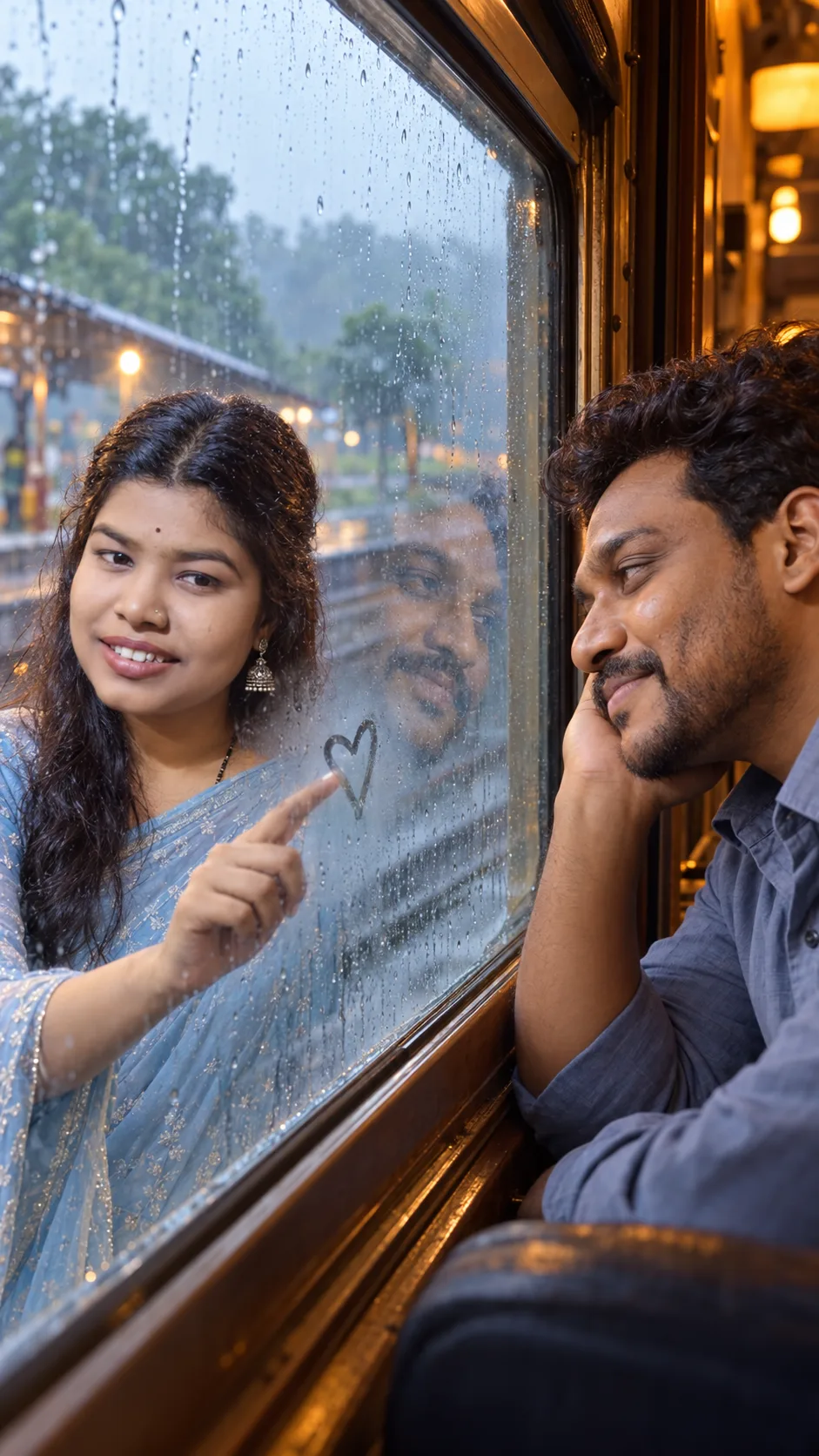 Romantic Train Window Love Scene AI Photo Editing Prompt | Rainy Day Couple (2)