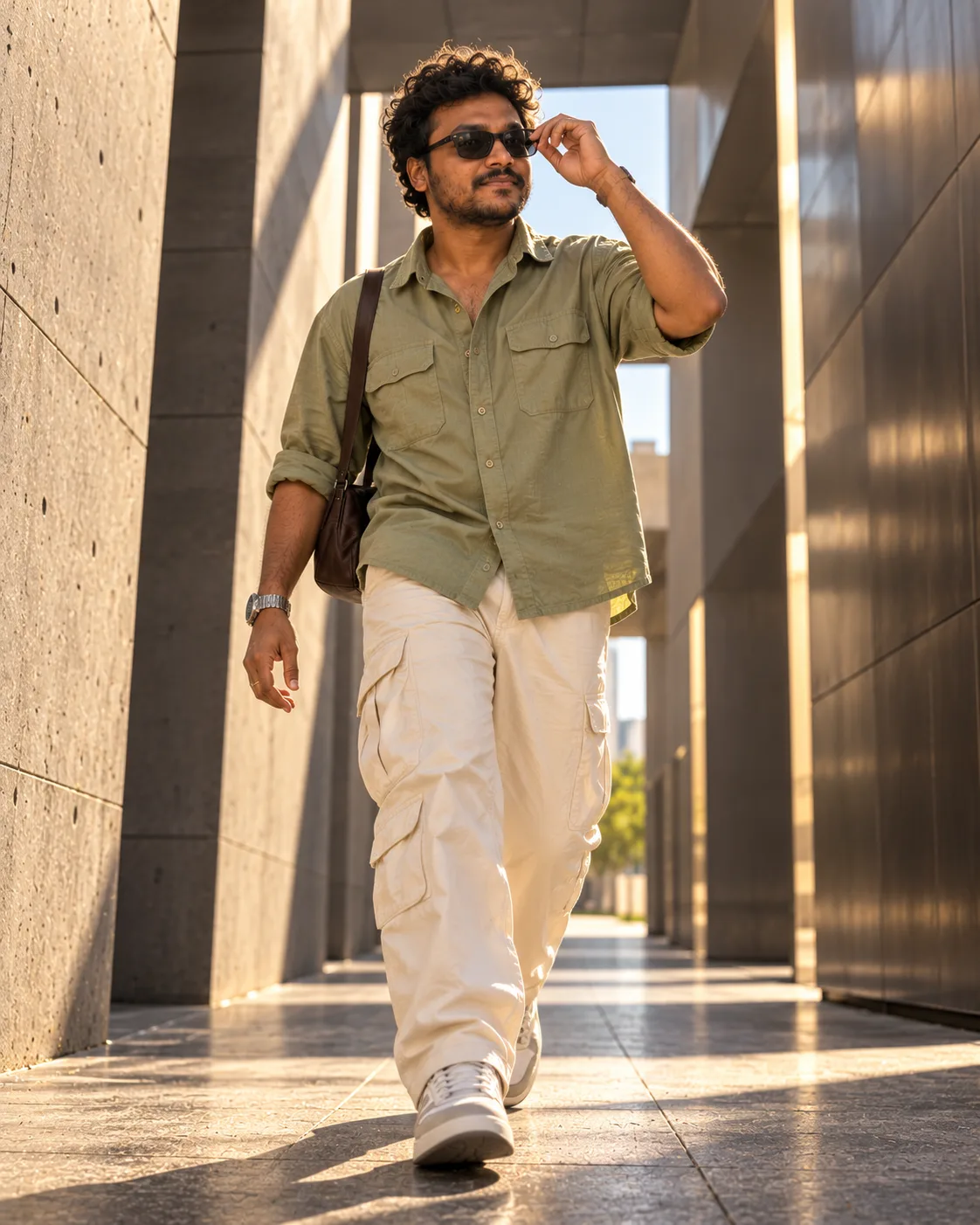 Brutalist Architecture Streetwear Photoshoot Prompt | Sage Green Shirt and Cream Cargo Pants Outfit AI Photo Editing Pro (2)