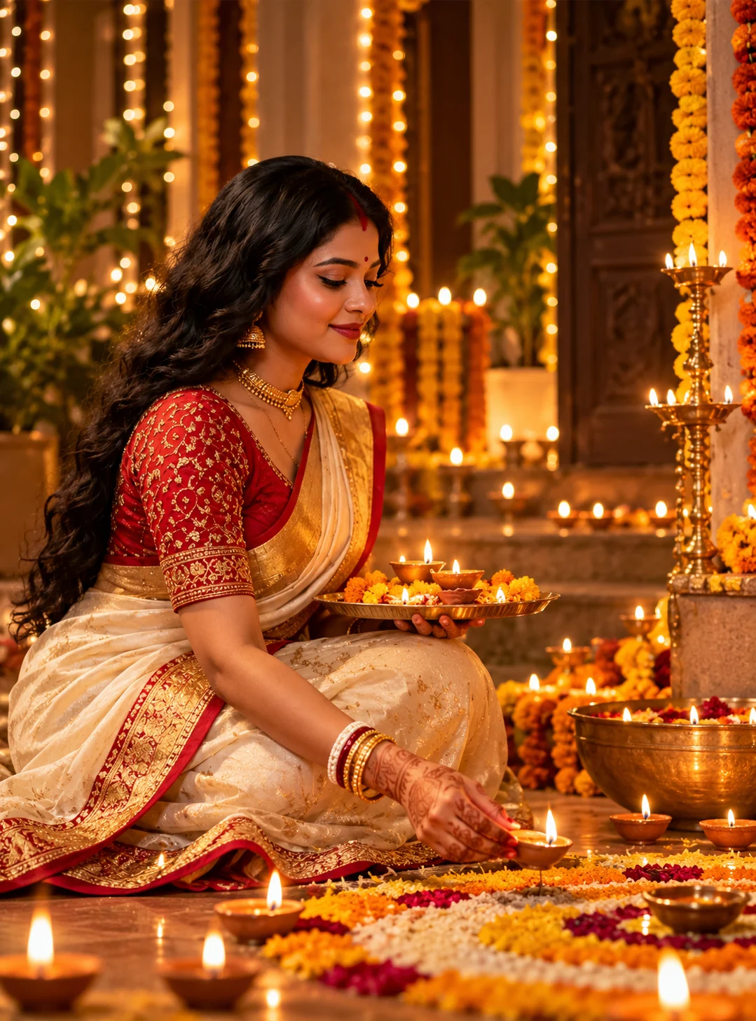 Traditional Diwali Portrait AI Photo Editing Prompt | Rangoli, Mehndi and Festive Lights Prompt (2)