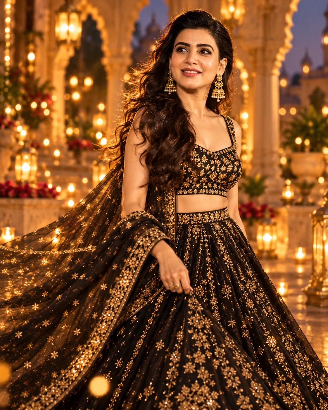 Black and Gold Lehenga Photoshoot AI Prompt with Luxury Palace Background (3)