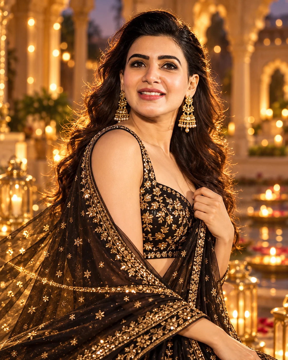 Black and Gold Lehenga Photoshoot AI Prompt with Luxury Palace Background (2)
