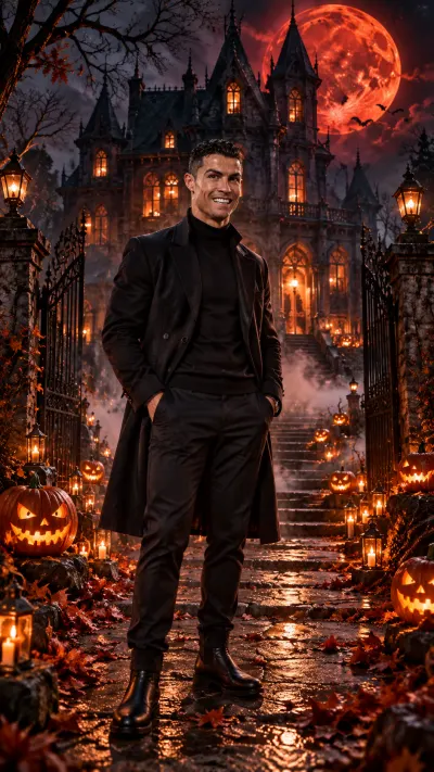 Haunted Victorian Mansion Halloween Photo Prompt | Red Moon & Pumpkin Night