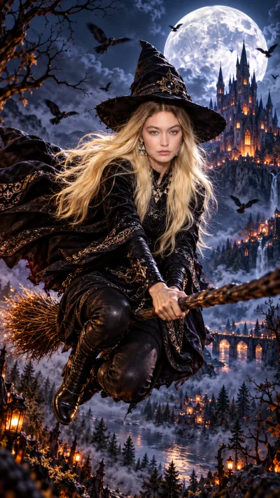 Gothic Witch Flying Over Haunted Forest AI Prompt