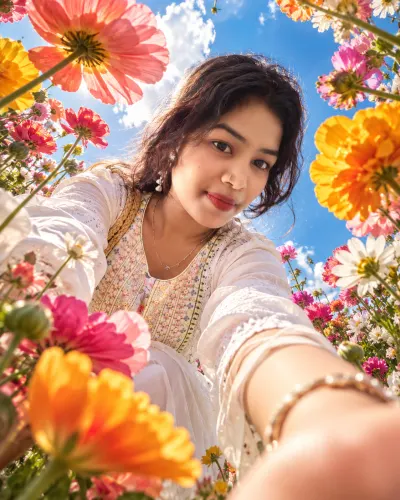Blooming Sky Floral Selfie AI Photo Editing Prompt | Colorful Flower Garden Low Angle Portrait AI Edit