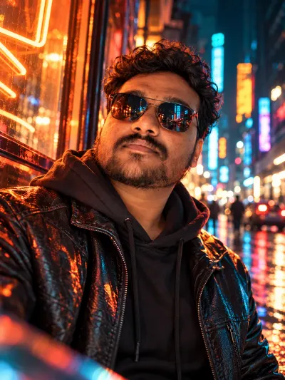 Amber Cyan Neon Street Fashion Portrait | Futuristic Nightlife Sunglasses Editorial Poster