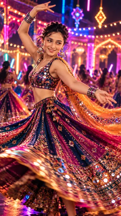 Neon Garba Night Cinematic Dance Photography Prompt | Navratri Lehenga Festival Look
