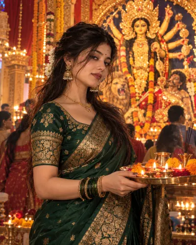 Green Silk Saree Durga Puja Aarti Photo Editing Prompt | Emerald Gold Traditional Navratri Festival Portrait Prompt
