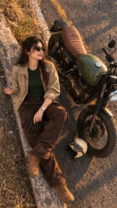 Olive Green Scrambler Bike Rider Aesthetic Photography Prompt