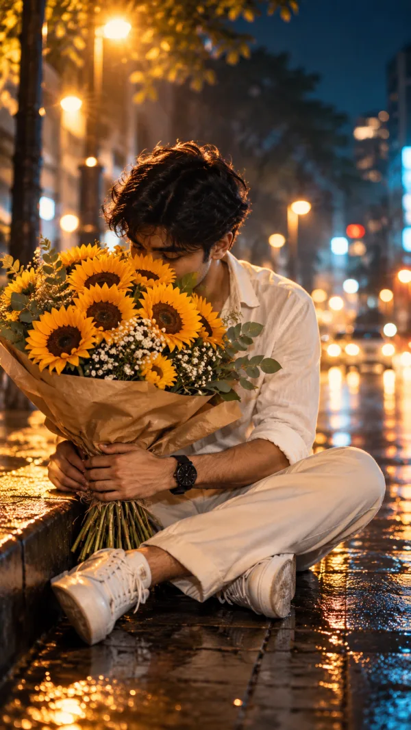 Cinematic Sunflower Bouquet Street Portrait Prompt