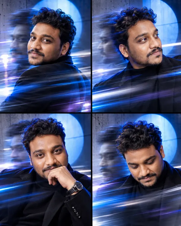 Blue Motion Blur Portrait Collage AI Prompt