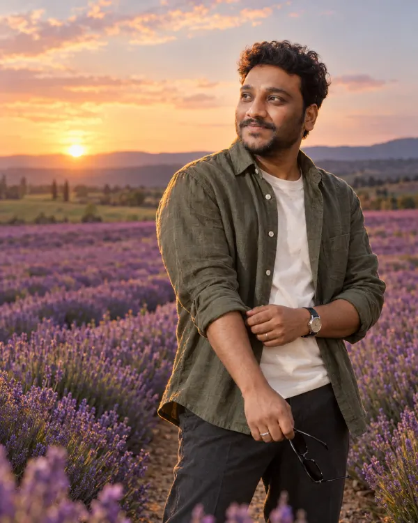 Cinematic Sunset Lavender Field Fashion Photography Prompt
