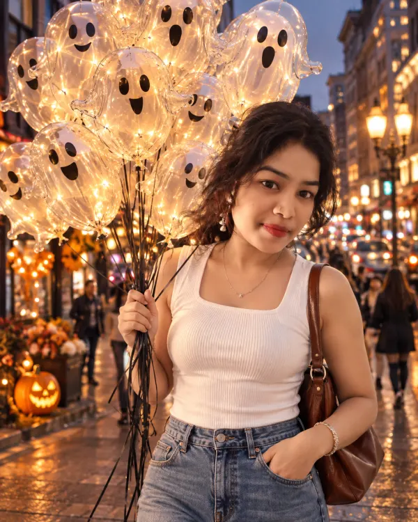 Glowing Ghost Balloons Street Style AI Photo Prompt | Viral Ghost Balloon Halloween AI Photo Edit