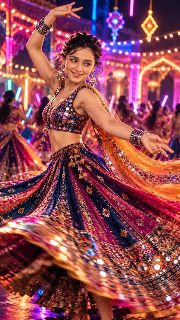 Neon Garba Night Cinematic Dance Photography Prompt | Navratri Lehenga Festival Look